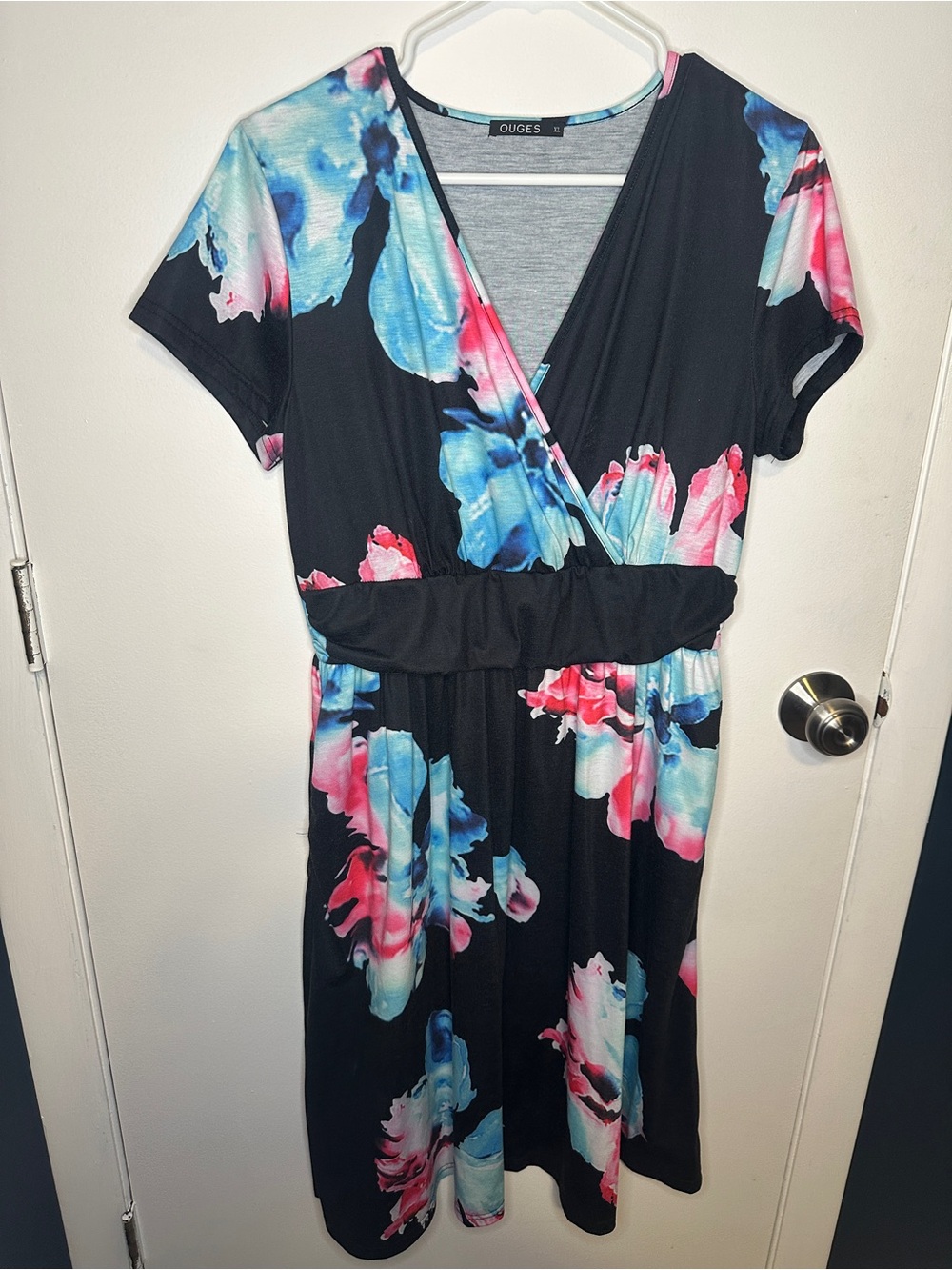 OUIGES Black Floral Wrap Midi Dress with Pink & Blue Accents